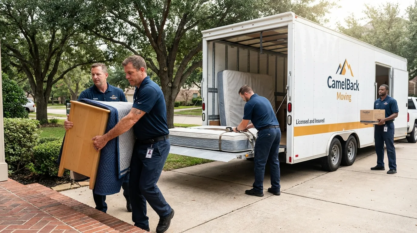 Crew loading residential truck for cross-state move from East Troy, WI