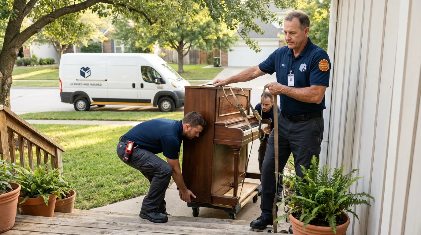Licensed piano movers securing grand piano in East Troy, WI