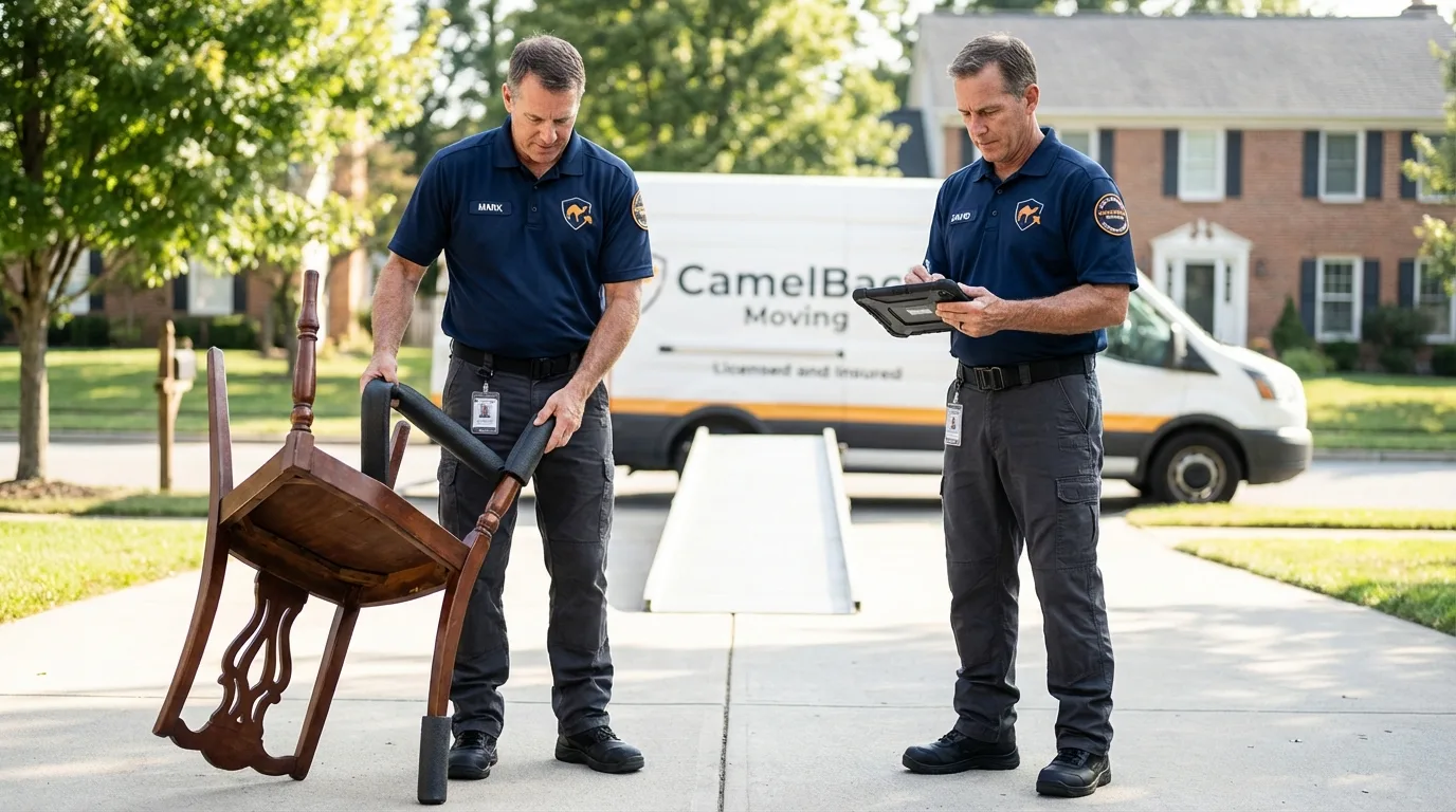 Movers inspecting furniture for damage prevention before loading in East Troy, WI
