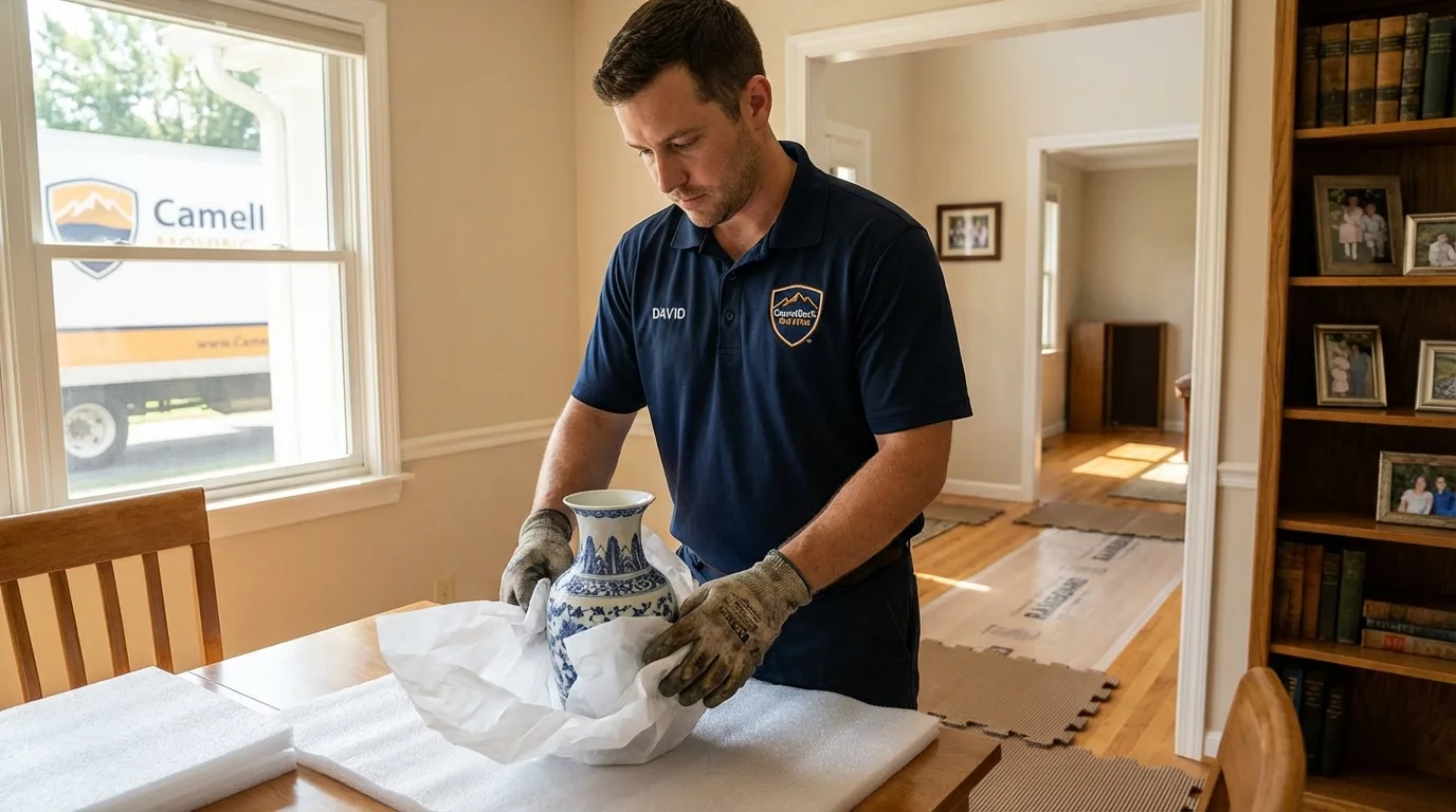 Professional crew carefully wrapping antique vase for senior downsizing move in East Troy, WI